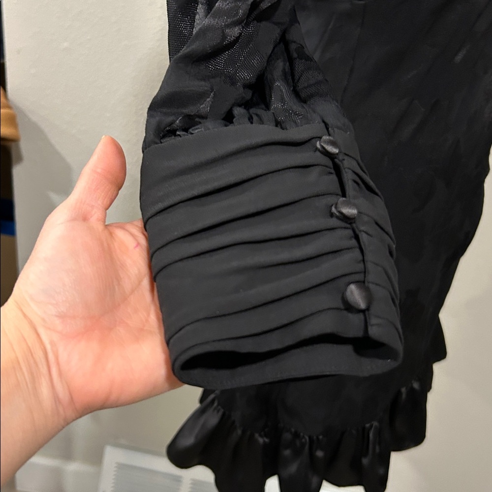 LoveShackFancy Black Jacquard Puff Sleeve Mini Dress XS Satin Ruffle Hem NWT - Picture 6 of 16